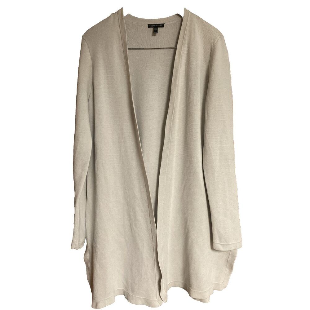 Eileen Fisher M Long Organic Cotton Knit Ivory Jacket Cardigan Duster Sweater